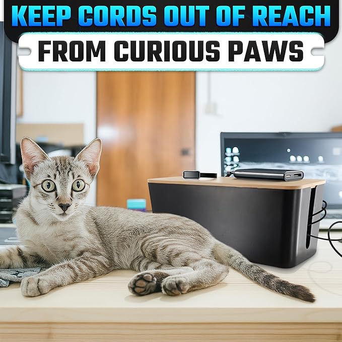 Cord Management Box Set – 2 Pack Cable Organizer Box to Hide Cords and Power Strip Kit with Clips, Reusable Ties & Sleeve – Functional, Modern Design | Medium & Large Sizes for Home & Office Use