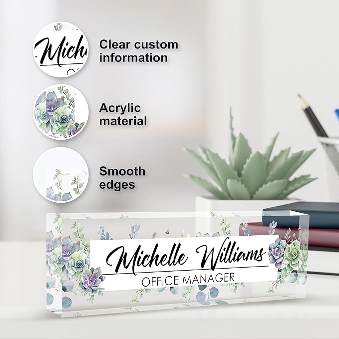 Personalized Name Plate for Desk, Custom Desk Name Plate, Acrylic Name Plate Office Desk Accessories, Personalized Office Gifts for Coworkers Teachers, Employee Appreciation Gifts (A-Never Wither)