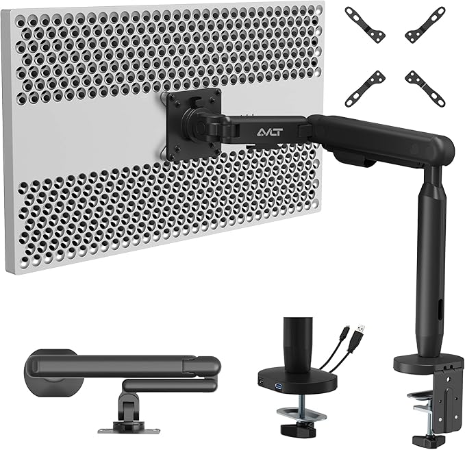 AVLT Single 17"-40" Ultrawide 3-Segment Easel Monitor Arm for Screens Up to 24.3 lbs, Aluminum Designer Stand, Adjustable Pneumatic Height, Full Motion Swivel Tilt Rotation, USB-C USB-A Ports, Black