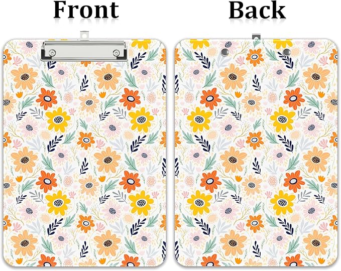 Rimilak Plastic Clipboards with Metal Clip, A4 Letter Size 9 x 12.5 in, Office Decorative for Students Women Men and Kids, Cute Custom Pattern, Orange Flower
