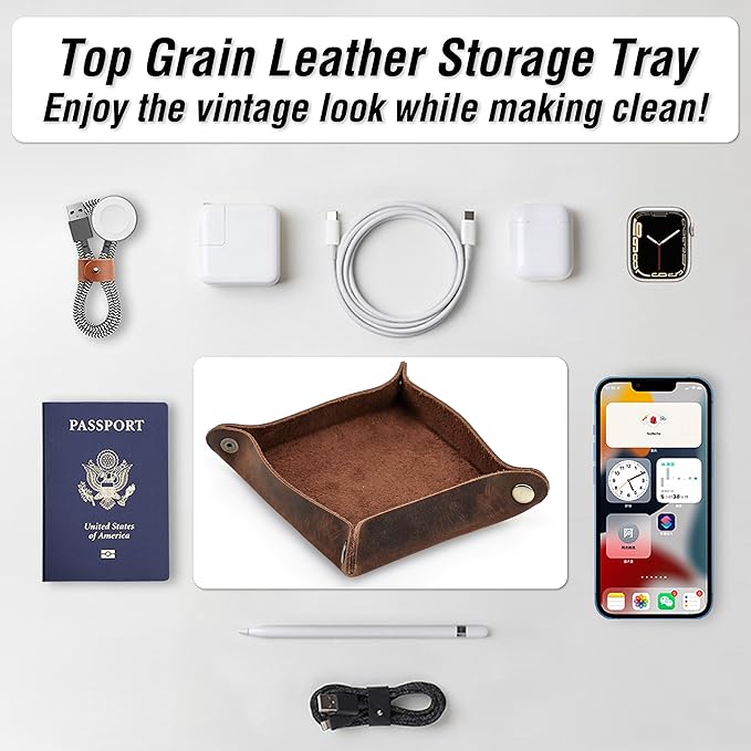 Top Grain Leather Desk Valet Tray Organizer for Man & Woman, Handmade Vintage Design, Foldable Design with Snap Buttons, Office Capacity Organizer Storage for Wallets/Watches/Keys/Coins, Coffee, Small