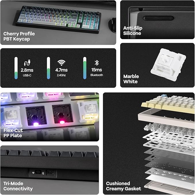 EPOMAKER Galaxy100 Lite QMK/VIA Gaming Keyboard with 8000mAh Battery and Numpad, 1800 Aluminum Mechanical Keyboard, USB-C/BT/2.4Ghz, Hot-Swap, Creamy Sound (Black, Marble White Switch)