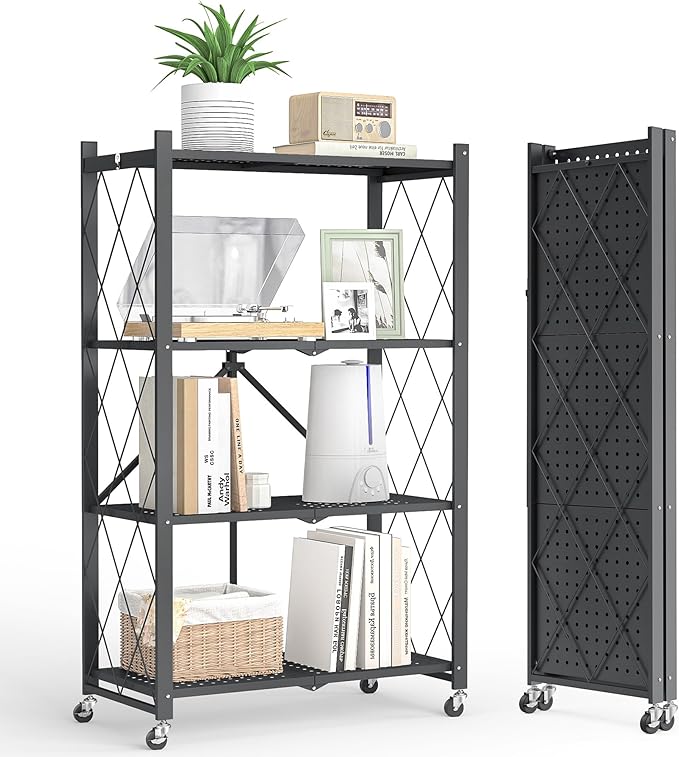 4-Tier Folding Metal Storage Shelf with Wheels, No Assembly Organizer Rack, Heavy Duty Collapsible Shelving Unit for Garage, Kitchen, Basement, Pantry, Living Room(New Upgrade - Black, 4 Tier)