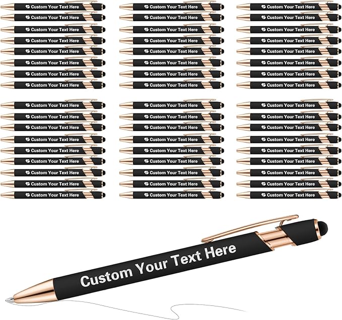 ENOMY 50 Pcs Bulk Personalized Custom Pens with Stylus Ballpoint Pens Customized with Text Logo Name Best Gift for College Business Promotion Wedding Birthday Christmas (Black)