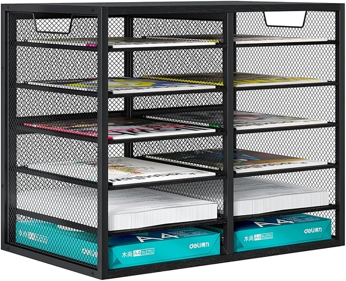 PAG Desktop Mail Sorter Industrial Countertop Heavy Duty Literature Organizer Bill Paper Holder Rack Student Mailbox for Classroom 12 Compartments Filing Cabinet for Office Home School, Black
