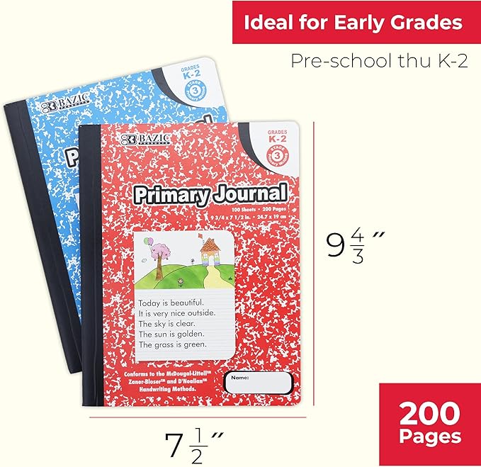 BAZIC PRODUCTS Primary Journal Composition Book Marble, Primary Journal, Writing Journal, Notebooks for Kids, Drawing & Writing Notebook for Kindergarten School Use, Grades K-2, 100 Sheets, 2-Pack