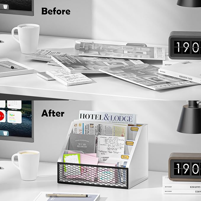 Mail Organizer Countertop,Wooden Mail Holder,4 Slot Letter Holder for Desktop,Vintage Desk Orgaizer for Fill,Bill (White)