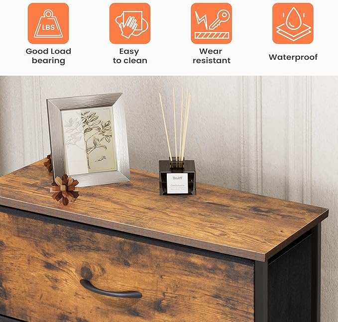 Crestlive Products Vertical Dresser Storage Tower - Sturdy Steel Frame, Wood Top, Easy Pull Fabric Bins - Wide Organizer Unit for Bedroom, Hallway, Entryway, Closets - 5 Drawers(Rustic Brown)