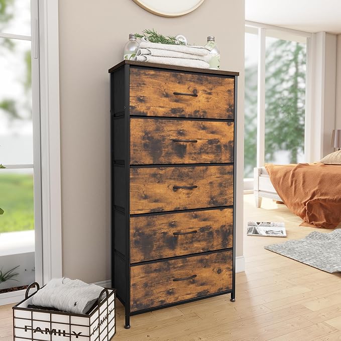 Crestlive Products Vertical Dresser Storage Tower - Sturdy Steel Frame, Wood Top, Easy Pull Fabric Bins - Wide Organizer Unit for Bedroom, Hallway, Entryway, Closets - 5 Drawers(Rustic Brown)