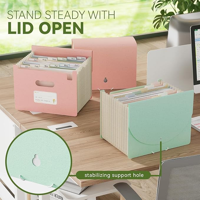 Accordion File Organizer, 13 Pockets Wheat Straw Expanding File Folder, Portable Monthly Paper Bill Tax Receipt Organizer, Letter A4 Size Document Holder with Colorful Tab - Strawberry Pink