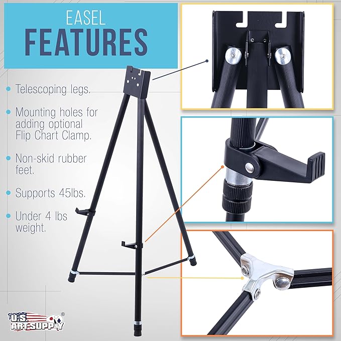 U.S. Art Supply 70" High Showroom XL Silver Metal Display Easel - Large Adjustable Height Portable Easel Stand, Sign Display, Holds 45 lbs - Floor & Tabletop Easels, Painting Stand