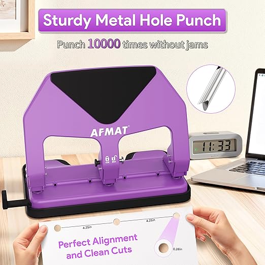 AFMAT Heavy Duty 3 Hole Punch, 50-Sheet Capacity, 50% Reduced Effort Three Hole Puncher for Binder, 10K+ Uses, Large Chip Tray, Adjustable Paper Guide, Office Metal Paper Puncher 3 Ring HP20(Purple)
