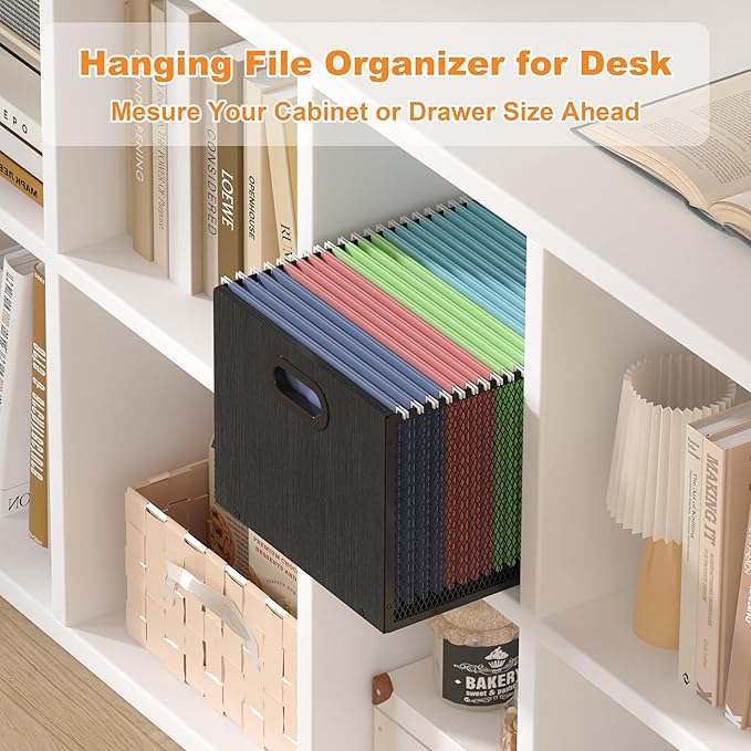 Piskyet Wooden Hanging File Organizer for desk, Metal Mesh File Folder Organizer Crate Cabinet Storage Box with Handle for Home Office Desk,Letter - Size,Black