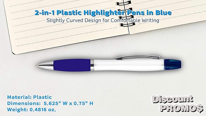 DISCOUNT PROMOS 10 Plastic Highlighter Pens Pack - Rubber Grip, Black Ink - Blue