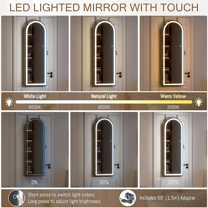 LVSOMT Wall Mounted Jewelry Organizer Lockable, Door Hanging Arched Mirror with Lights and Jewelry Storage, 6 LEDs Jewelry Cabinet (Laurel Green)