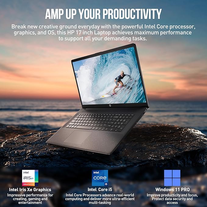 HP 17 Inch Laptop Computer, 17.3" FHD+ IPS Business Laptop, Intel 10-Core i5 Processor, 64GB RAM 2TB SSD, Windows 11 Pro, Backlit Keyboard, 10-Key Numeric Keypad, HDMI, USB-C, Wi-Fi, Silver