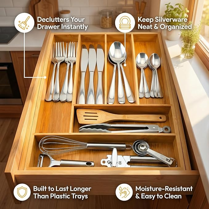 Culinary Edge Expandable Bamboo Drawer Organizer, Adjustable 6-Slot Cutlery Tray for Silverware & Kitchen Utensils, Natural Bamboo Drawer Divider for Flatware and Gadget Storage