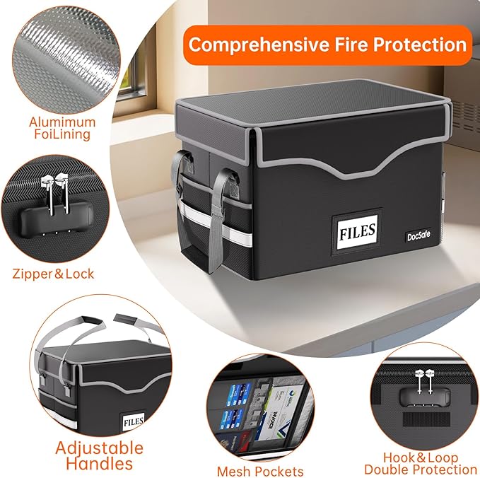 DocSafe 5200°F Fireproof Document Box with Lock,Heat Insulated File Organizer Storage with Pockets,Collapsible Portable Home Office File Safe Box with Handle for Hanging Letter/Legal Folders, Black