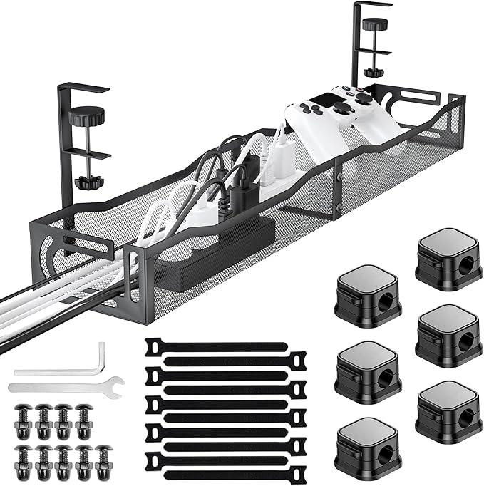 No Drill Under Desk Cable Management Tray, SONATURE 25.3" Cord Organizer for Table, Clamp Mount Desk Cable Management, Premium Carbon Steel Cable Organizer for Office, Home (Black)