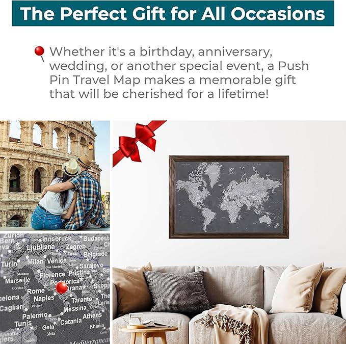 Push Pin Travel Maps - Stormy Dreams World - Solid Wood Brown Framed Pin Map for Tracking Your Travels - 27.5" x 39.5" - 8 Handcrafted Frame Options - Made in USA - Ideal for Any Traveler