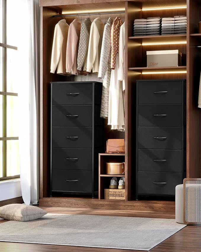 Crestlive Products Vertical Dresser Storage Tower - Sturdy Steel Frame, Wood Top, Easy Pull Fabric Bins - Organizer Unit for Bedroom, Hallway, Entryway, Closets - 5 Drawers(Black)