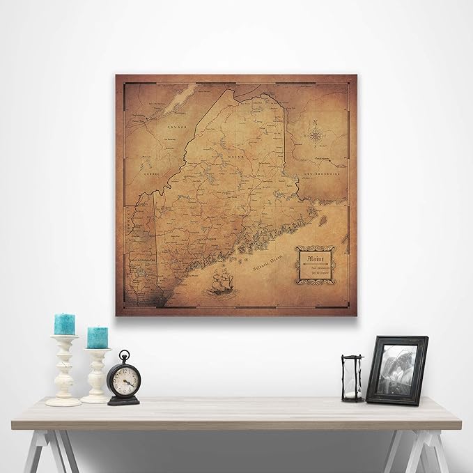 Push Pin Maine Map Board - With Push Pins to Mark Maine Travel - Handmade in Ohio, USA - Design: Golden Aged