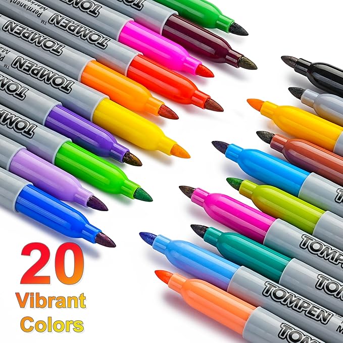 TOMPEN Permanent Markers Fine Tip 200 Pack Bulk,20 Assorted Colors,Waterproof Permanent Marker with Quick Drying on Valentine's Day card,Wood,Plastic,Paper,Metal,Mirror for Office School Classroom