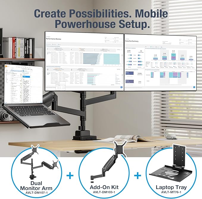 AVLT 57 Inch Heavy Duty Pole Top Mount Monitor Arm Series – Dual & Single Add-On Kits, Height Adjustable, VESA Compatible (Black, Add-On Monitor Arm)