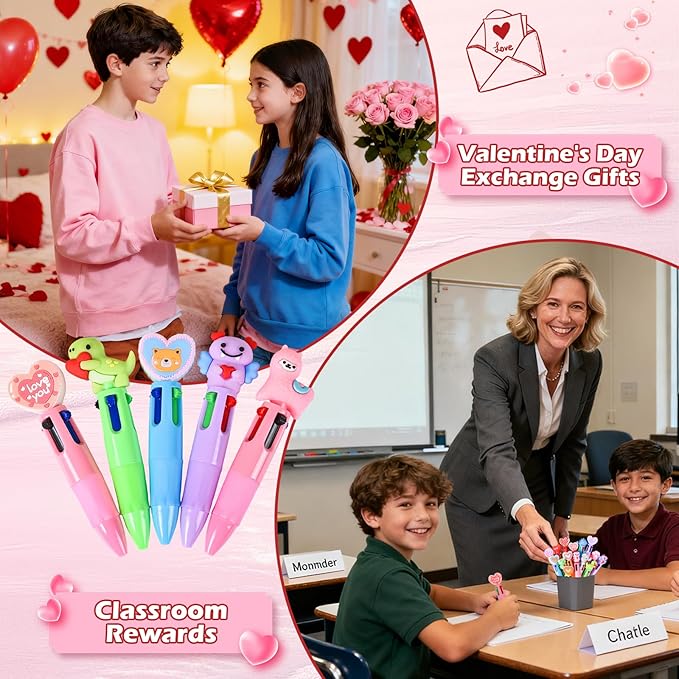 LiYiQ 100 Pcs Valentine's Day Animal Colorful Multicolor Pen in One Cartoon Cute Fun Cute Pens Bulk Kawaii Heart Capybara Frog Panda Shape Lovely Ballpoint Pens for Fun Gifts