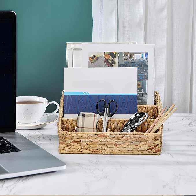 Desk Organizer – Countertop Mail Organizer, Magazine Holder, Boho Decor Water Hyacinth Desk Mail Holder for Home Office, Farmhouse, 12.6" L x 6.7" W x 6.3" H