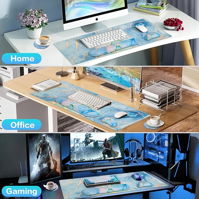 Desk Mat Blue, Large Gaming Mouse Pad with Wrist Rest, 4in1 XXL Mousepad+Keyboard Wrist Rest+Mouse Pad Wrist Support+Cup Coaster Set Ergonomic Computer Desk Arm Wrist for Decor Home Office Table Women