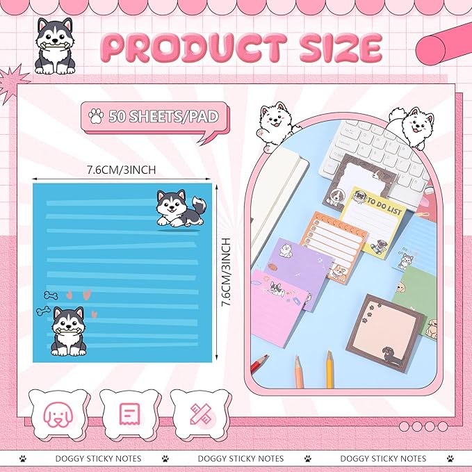 9 Pads Dog Sticky Notes 3x3 Inch Cute Self Stick Notepads Notes Adhesive Memo Pad Office Decor Gifts for Students School Teacher Meeting Office Supplies