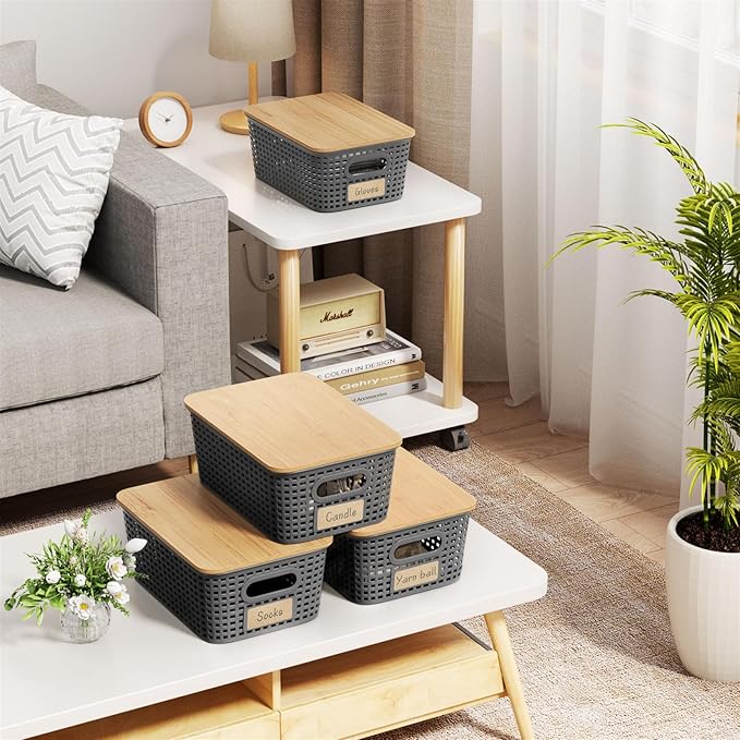 Plastic Storage Bins with Bamboo Lid - Pantry Storage Baskets with Lid - Stackable Container with Lable for Organizing: Small Storage Box for Shelves Office Cabinet Drawer Closet 9x7x4 In - Grey 6Pcs