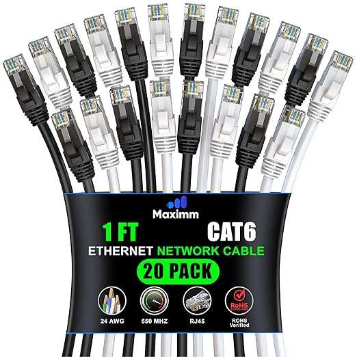 Maximm Cat 6 Ethernet Cable 1 ft (20-Pack) - High-Speed LAN Cable, Internet Cable, Patch Cable, and Network Cable - UTP, 10Gbps, 550MHz Ethernet Cord - Black & White