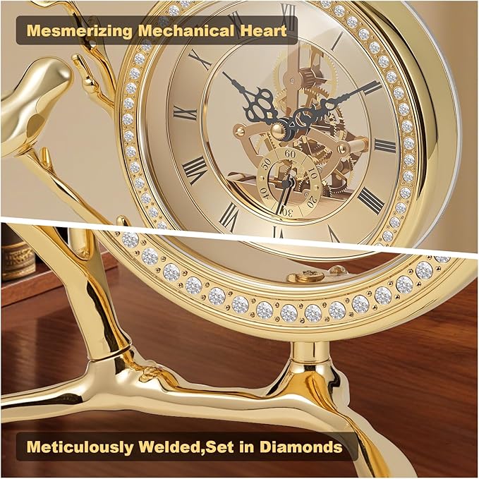 Anniversary Clock with Skeleton Dial & Gears, Golden Tabletop Clock for Living Room, Silent Battery Operated Desk Clock, Vintage Home Decor Gift Idea (Gold)