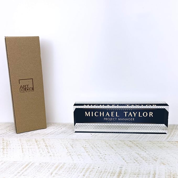 Artblox Office Desk Name Plate Personalized | Custom Name Plates for Desks | Net Shape Design On Clear Acrylic Glass | Office Desk Decor - (8" x 2.5")