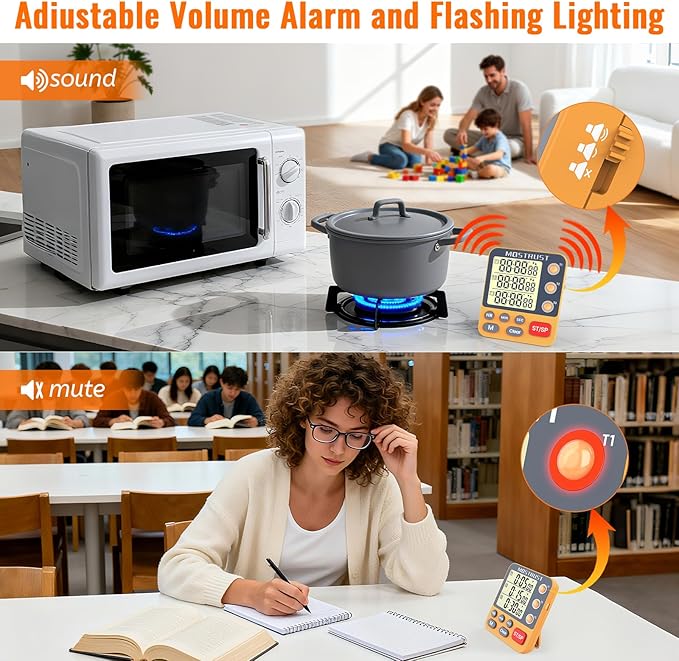 Digital Dual Kitchen Timer, 3 Channels Countdown Triple Timer for Cooking, Magnetic Memory-Preset Large Display Adjustable Alarm Volume, Multi Times Management, 3A Battery Included, Orange