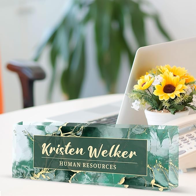 Personalized Office Name Plate, Custom Name Plate for Desks, Office Desk Decorations Gift for Women Men, Acrylic Desk Name Plate for Teacher Coworkers Staff Boss (Green Marble)