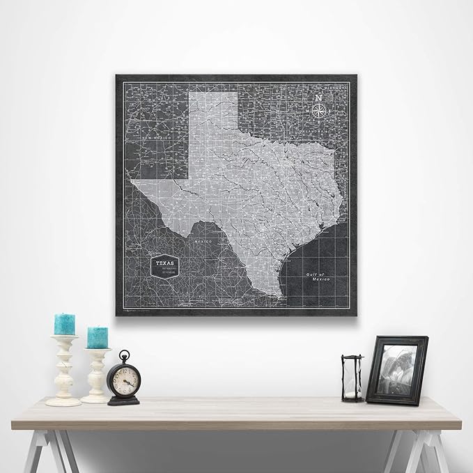 Conquest Maps Push Pin Texas Map Board - With Push Pins to Mark Texas Travel - Handmade in Ohio, USA - Design: Modern Slate
