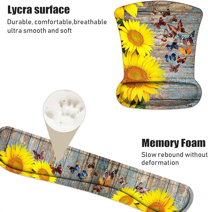 Keyboard Wrist Rest and Mouse Pad Wrist Support Set with Coasters, Non-Slip PU Base Ergonomic Gaming Mousepad for Computer Laptop Home Office Easy Typing & Pain Relief - Sunflower and Butterfly