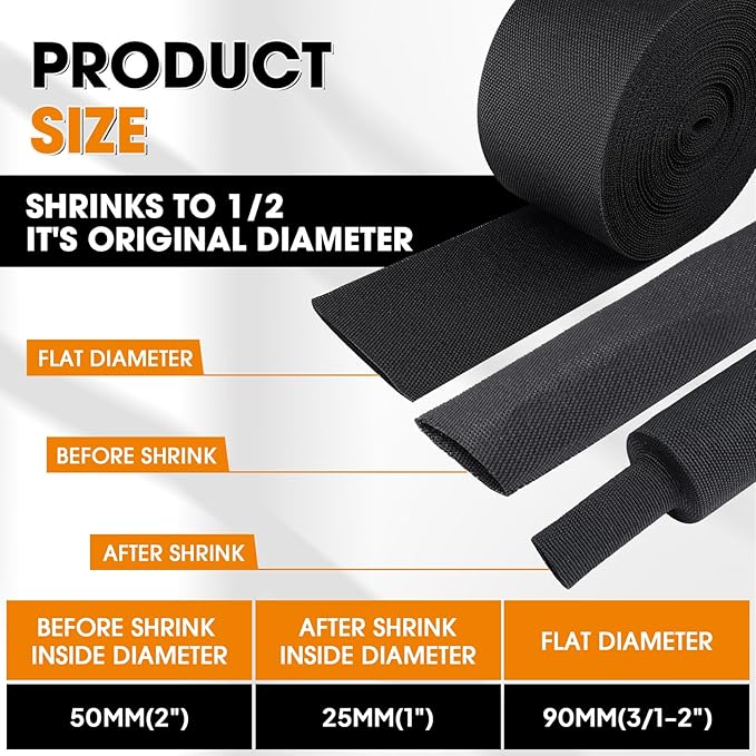 Black 2:1 Ratio Automotive Heat Shrink Braided Sleeving,Wear-Resistant Flat Woven Shrinkable Sleeve Fabric Car Cable Wires Hoses Protection (2"-66ft)