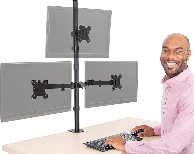 Stand Steady Triple Monitor Desk Stand with Clamp-On Base, for Home or Office Use, Height Adjustable Computer Monitor Stand with Full Articulation Mounts, Fits Most LCD/LED Monitors 13-32 Inches