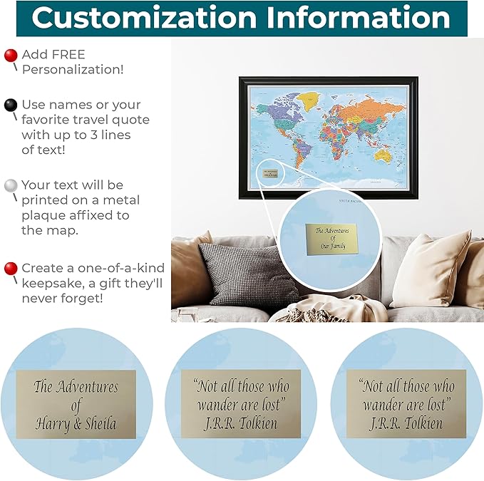 Push Pin Travel Maps - Customizable Blue Oceans World with Textured White Frame- 27.5" x 39.5" - 8 Handcrafted Frame Options - Made in USA - Ideal for Adventurous Travelers