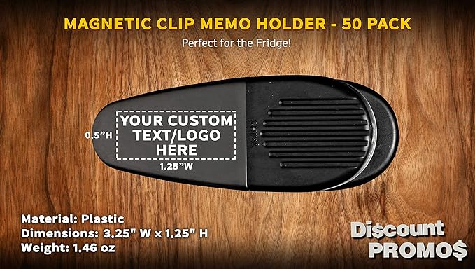 50 Magnetic Memo Holders Set - Customizable Text, Logo - Large Clip, Plastic - Black