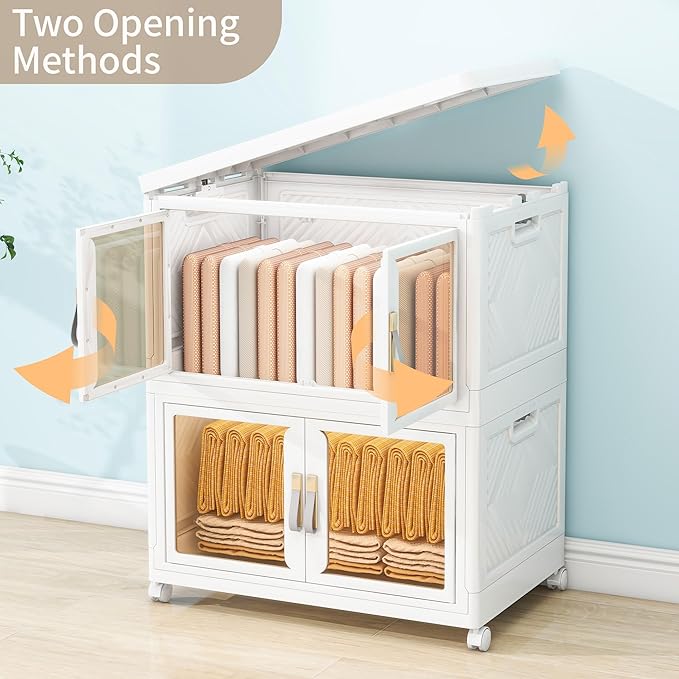 Large Clear Stackable Storage Bins with Lids, 597QT-99.5QT*6Tier Foldable Cabinet for Closet Organizers, Plastic Storage Box with Wheels White