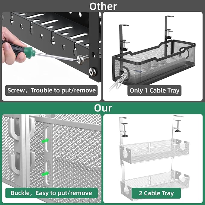 Multi-Model Under Desk Cable Management 2 Pack Metal Under Desk Wire Management Tray Clamp Mount Under Table Cord Management No Damage The Desk White