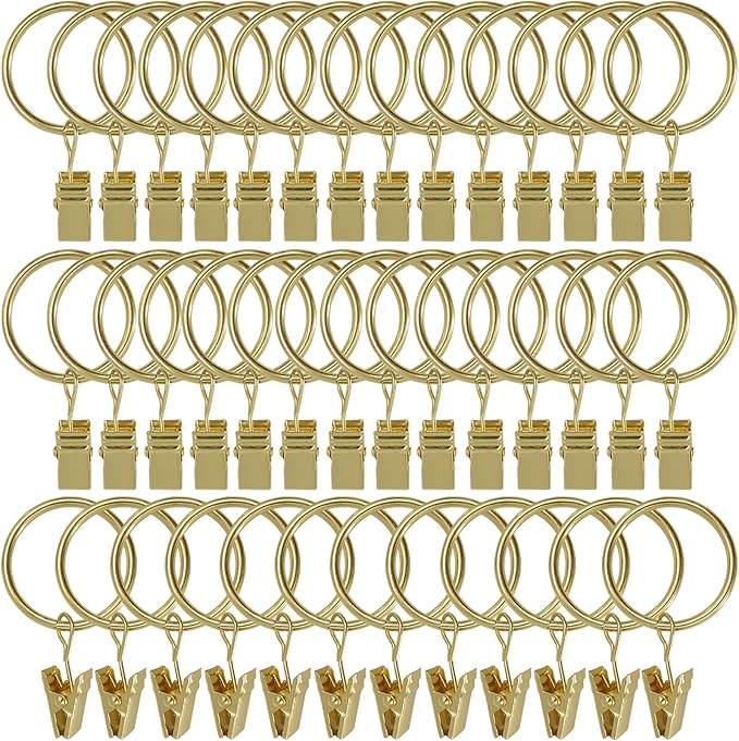 LLPJS 40 Pack Curtain Rings with Clips, Curtain Clip Rings Hooks, Bow Hanger Clips for Hanging Drapery Drapes Bows, Ring 1.26 inch Interior Diameter, Fits up to 1" Rod, Gold