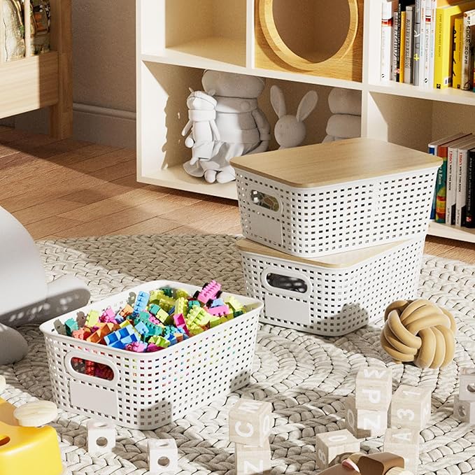 Plastic Storage Bins with Bamboo Lid - Pantry Storage Baskets with Lid - Stackable Container with Lable for Organizing: Small Storage Box for Shelves Office Cabinet Drawer Closet 9x7x4 In - White 6Pcs