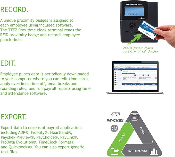 Pyramid Time Systems -TimeTrax Automated Proximity Time and Attendance with Pyramid TTEZ Time Clock System with Software Download [PPDLAUBKN], RFID - No Touch Employee Punch in - Black