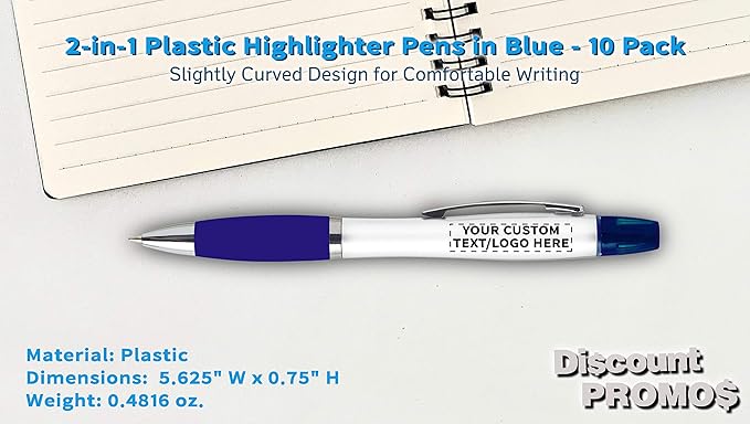 DISCOUNT PROMOS Personalized Plastic Highlighter Pens - 10 pack - Customizable Text, Logo - Blue